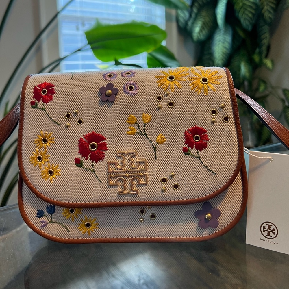 Nwt Tory Burch Britten Floral Canvas Small Saddle Bag